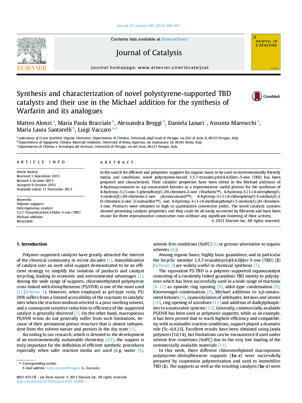 Synthesis and characterization of novel polystyrene-supported TBD catalysts and their use in the Michael addition for the synthesis of Warfarin and its analogues