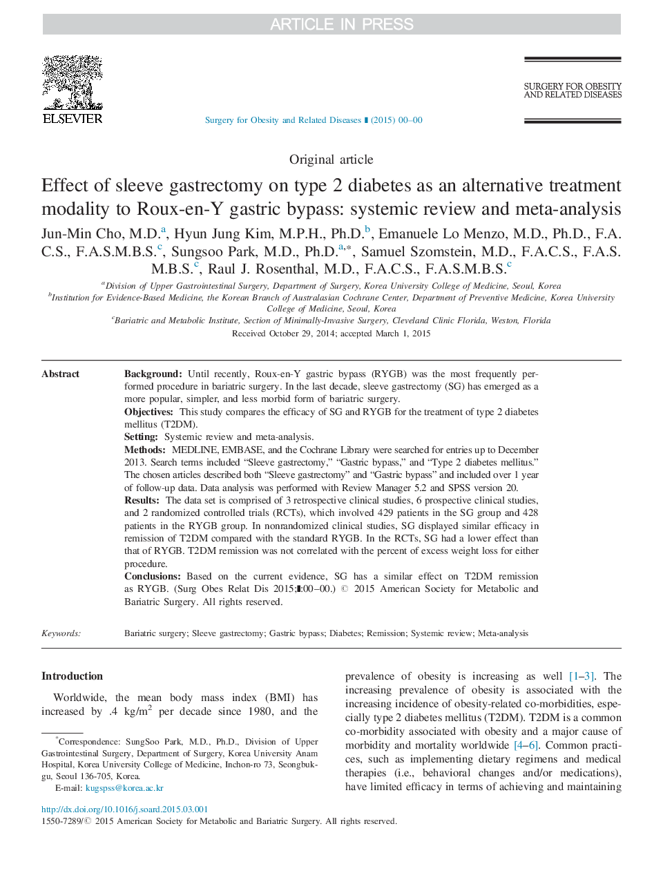 Effect of sleeve gastrectomy on type 2 diabetes as an alternative treatment modality to Roux-en-Y gastric bypass: systemic review and meta-analysis