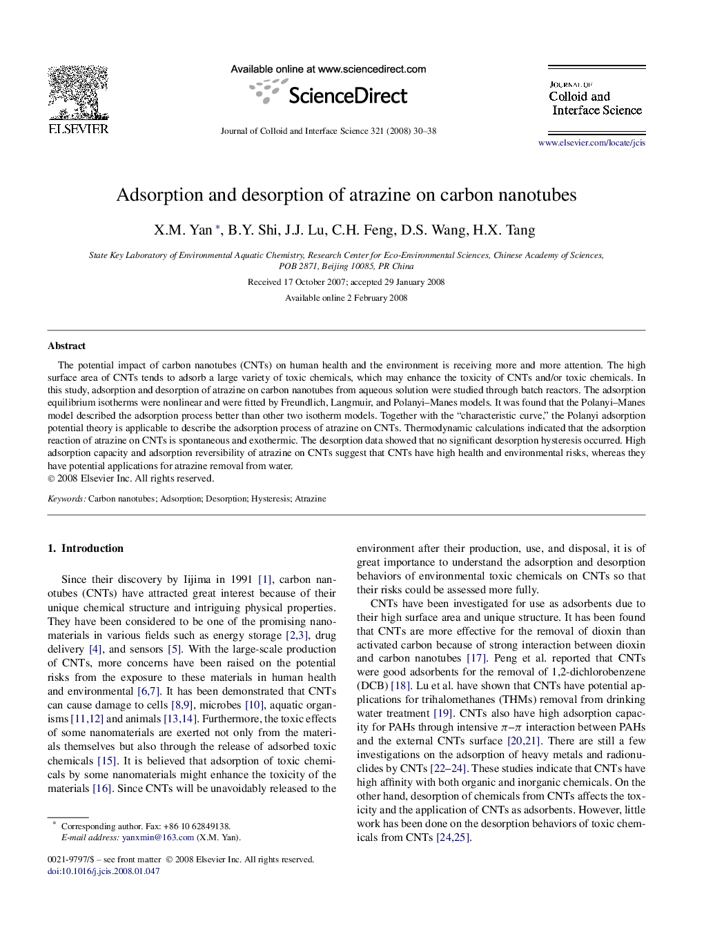 Adsorption and desorption of atrazine on carbon nanotubes