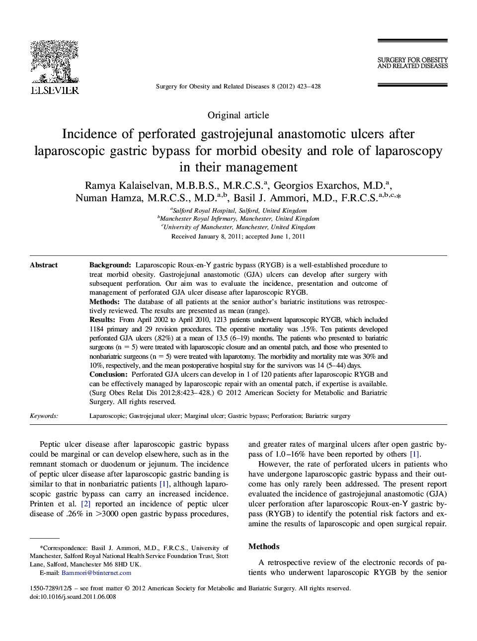 Incidence of perforated gastrojejunal anastomotic ulcers after laparoscopic gastric bypass for morbid obesity and role of laparoscopy in their management