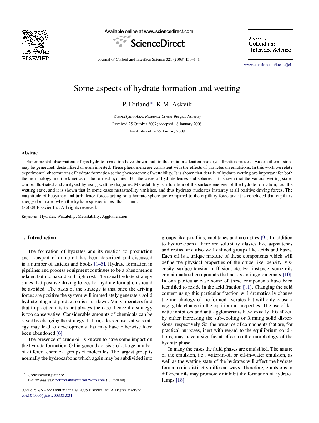 Some aspects of hydrate formation and wetting