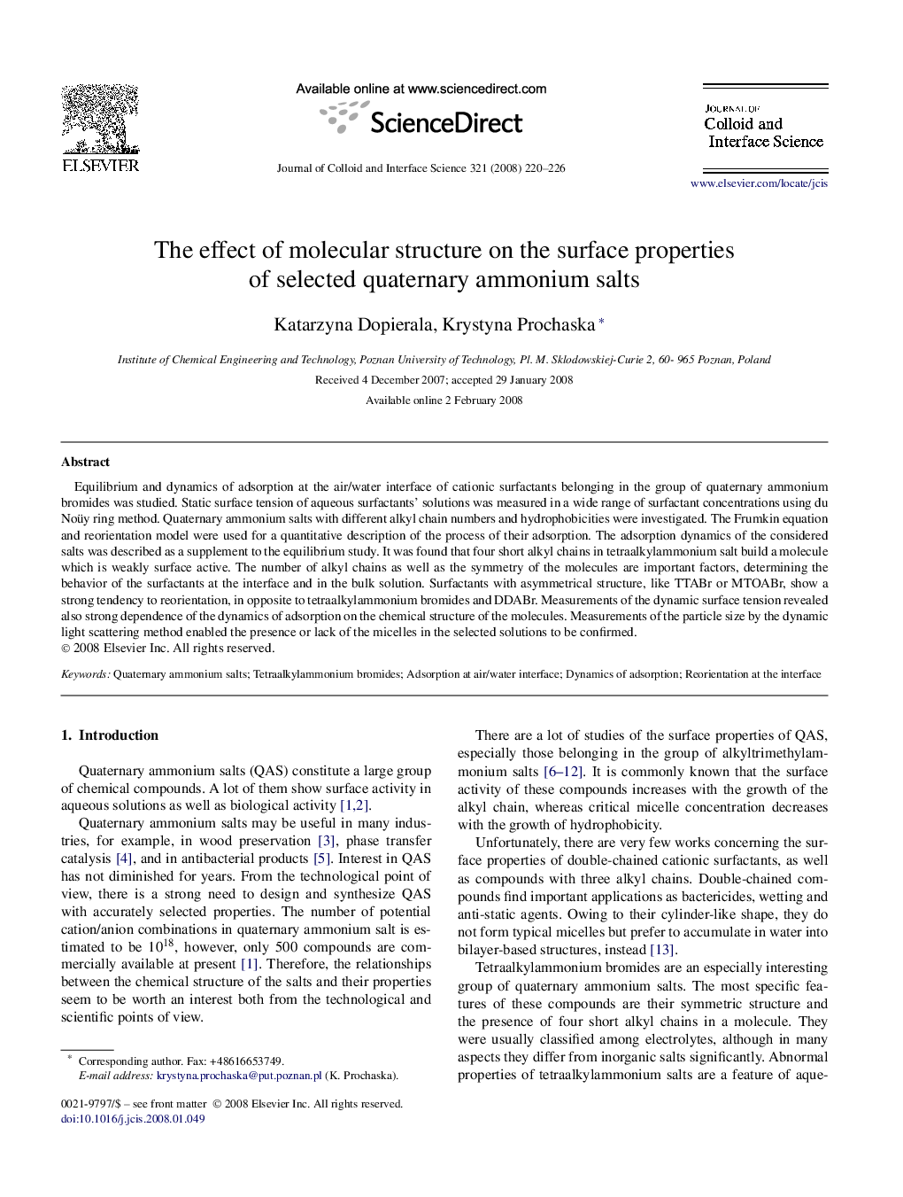 The effect of molecular structure on the surface properties of selected quaternary ammonium salts