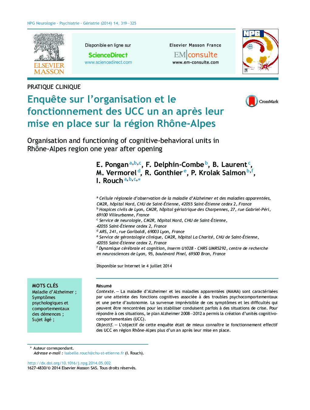 EnquÃªte sur l'organisation et le fonctionnement des UCC un an aprÃ¨s leur mise en place sur la région RhÃ´ne-Alpes