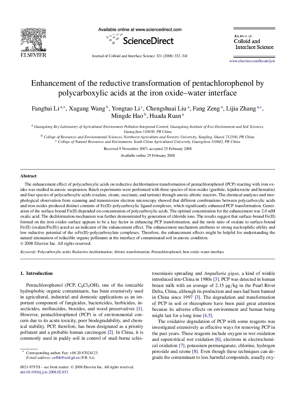 Enhancement of the reductive transformation of pentachlorophenol by polycarboxylic acids at the iron oxide-water interface