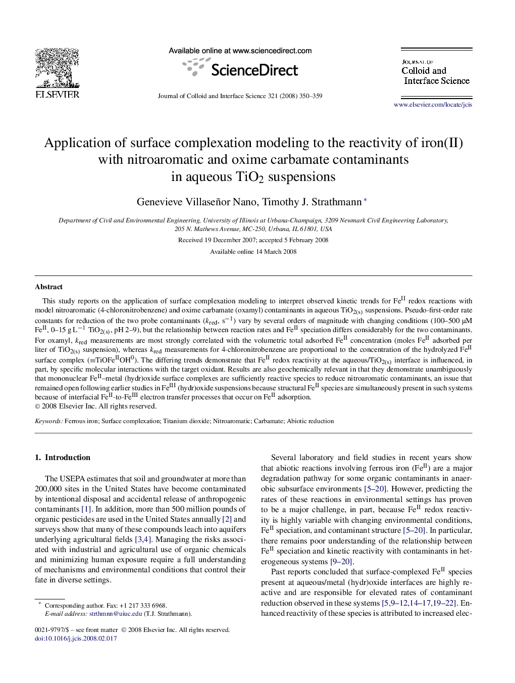 Application of surface complexation modeling to the reactivity of iron(II) with nitroaromatic and oxime carbamate contaminants in aqueous TiO2 suspensions
