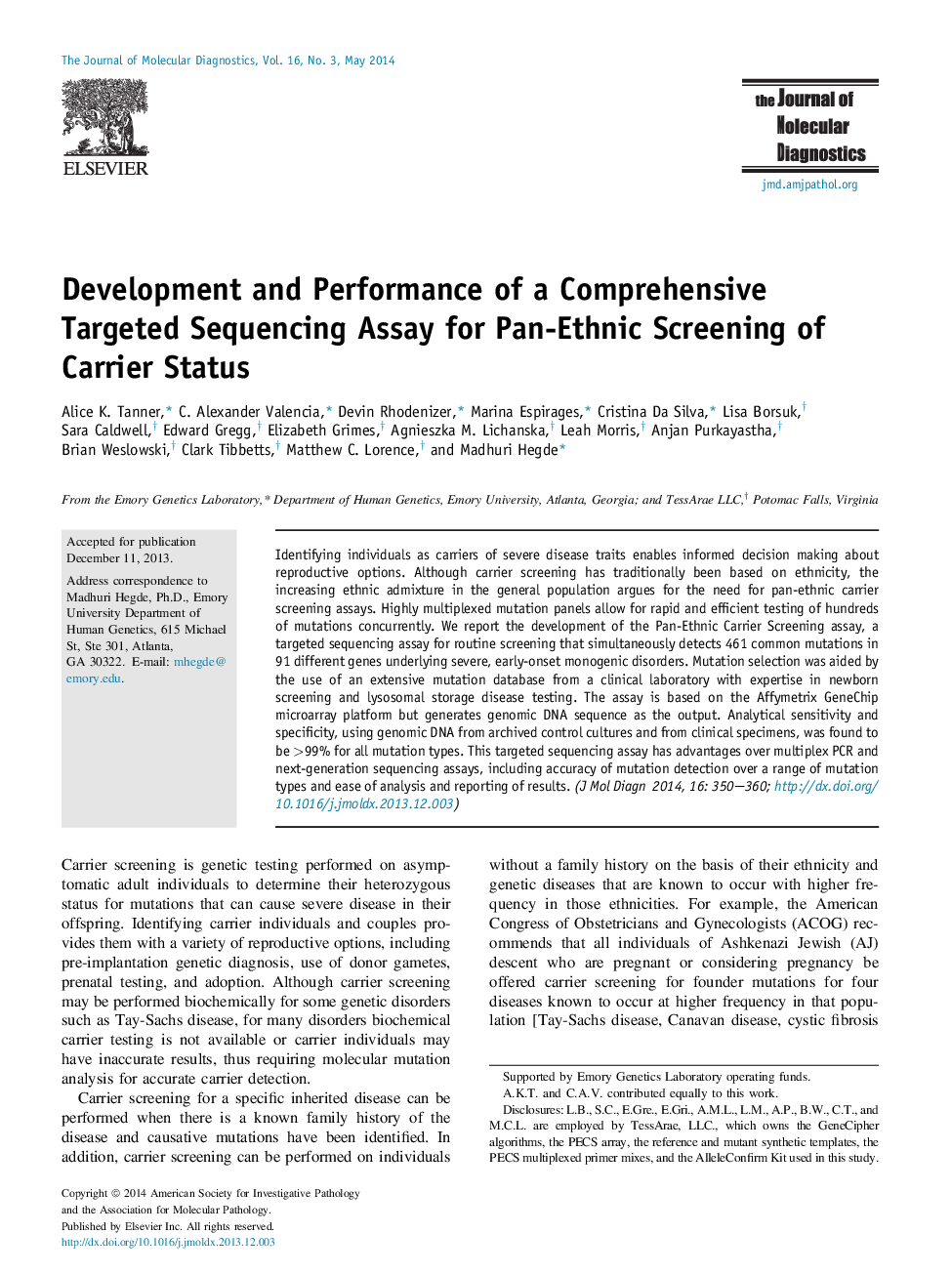 Regular articleDevelopment and Performance of a Comprehensive Targeted Sequencing Assay for Pan-Ethnic Screening of Carrier Status