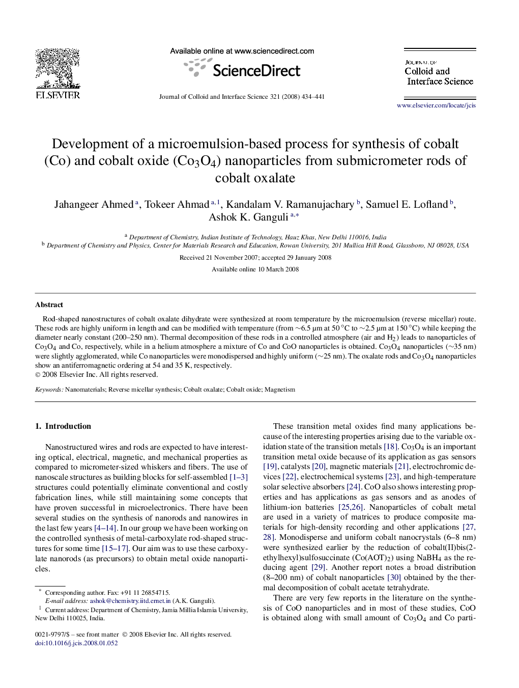 Development of a microemulsion-based process for synthesis of cobalt (Co) and cobalt oxide (Co3O4) nanoparticles from submicrometer rods of cobalt oxalate