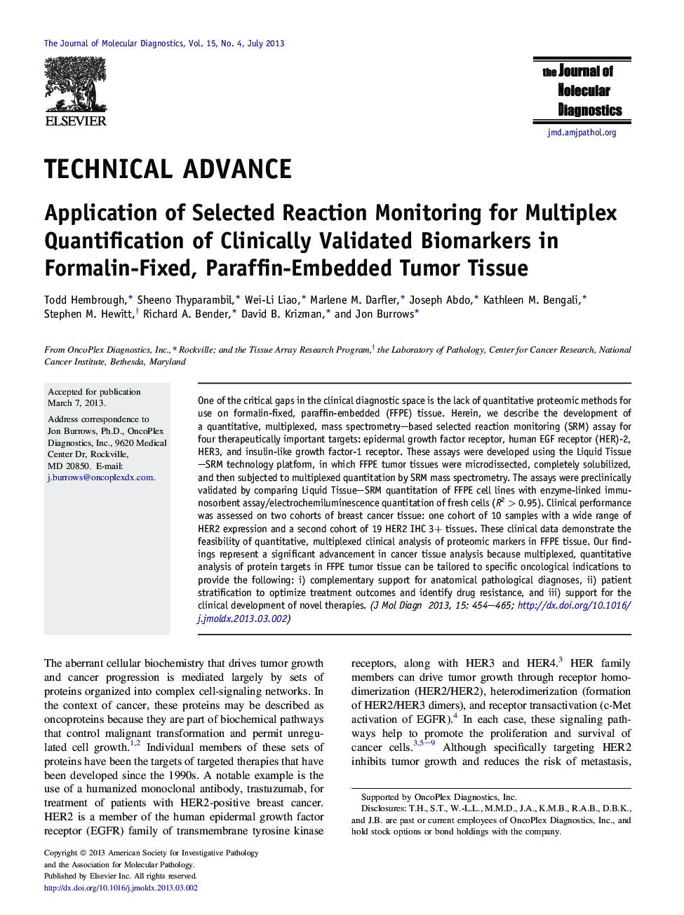 Technical advanceApplication of Selected Reaction Monitoring for Multiplex Quantification of Clinically Validated Biomarkers in Formalin-Fixed, Paraffin-Embedded Tumor Tissue