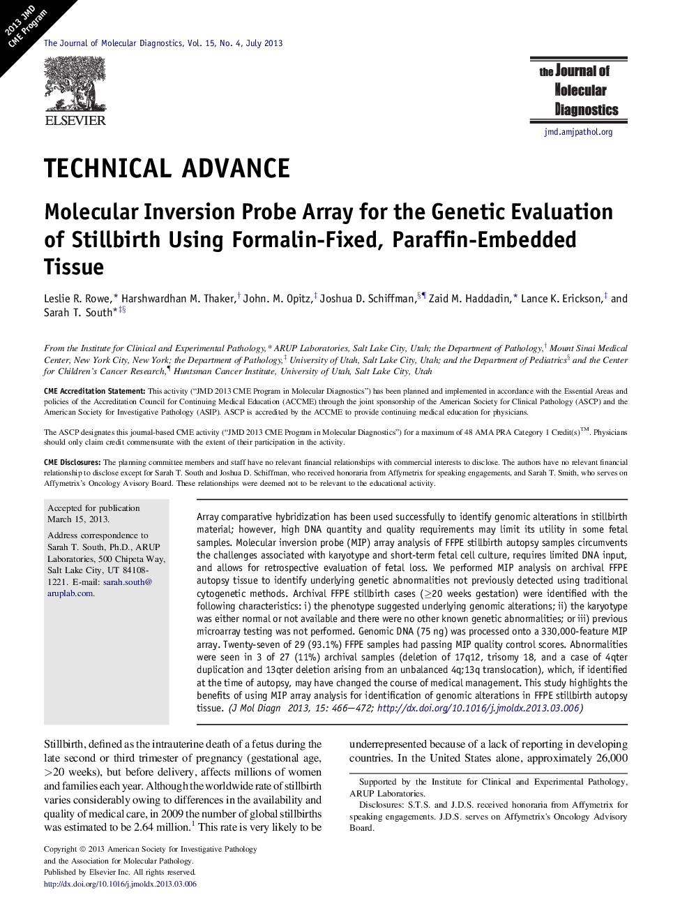 Technical advanceMolecular Inversion Probe Array for the Genetic Evaluation of Stillbirth Using Formalin-Fixed, Paraffin-Embedded Tissue