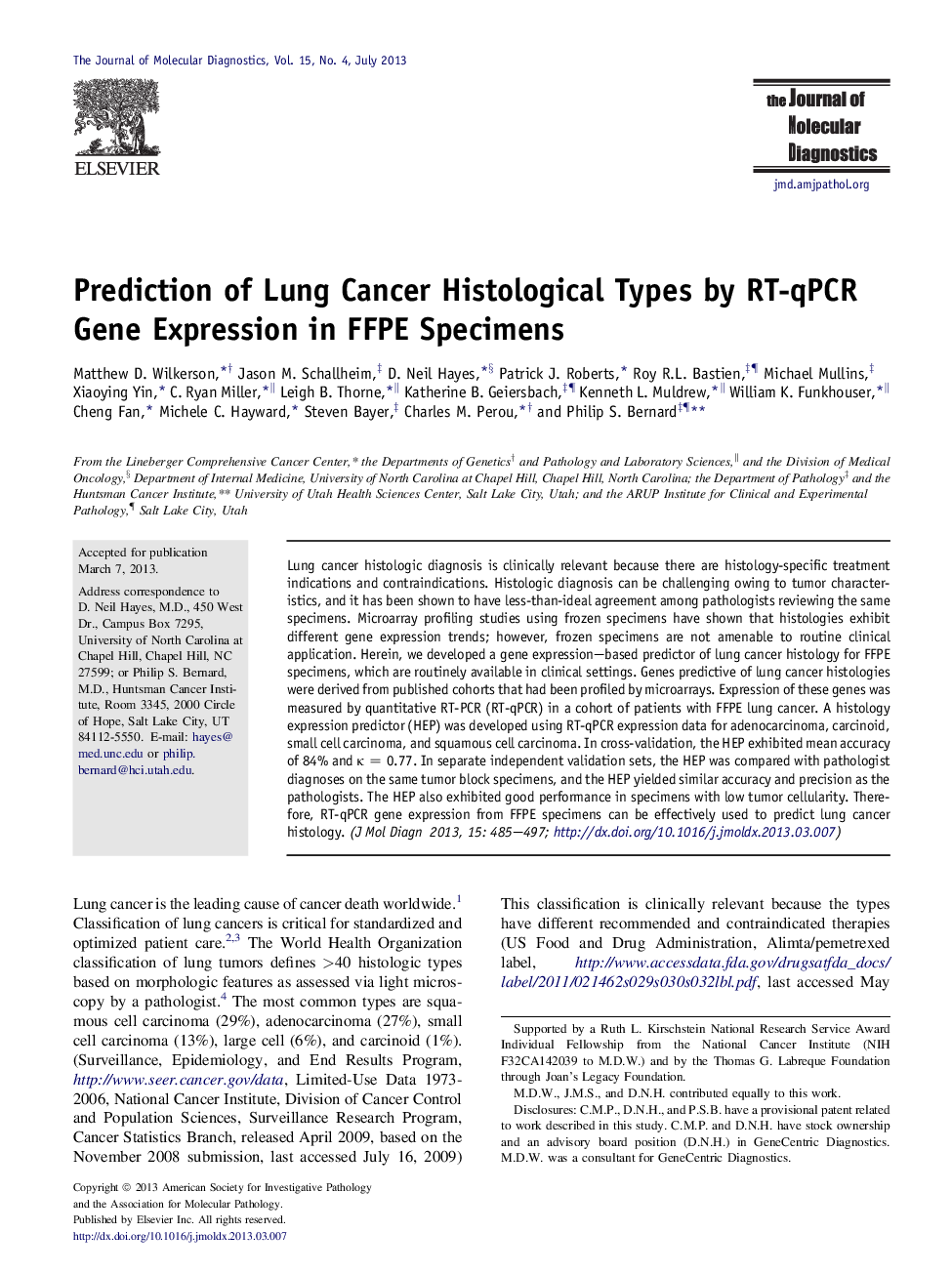 Regular articlePrediction of Lung Cancer Histological Types by RT-qPCR Gene Expression in FFPE Specimens