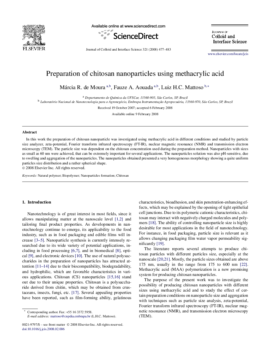 Preparation of chitosan nanoparticles using methacrylic acid