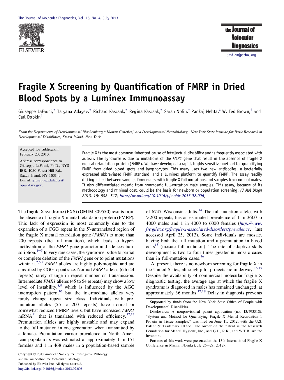 Regular articleFragile X Screening by Quantification of FMRP in Dried Blood Spots by a Luminex Immunoassay