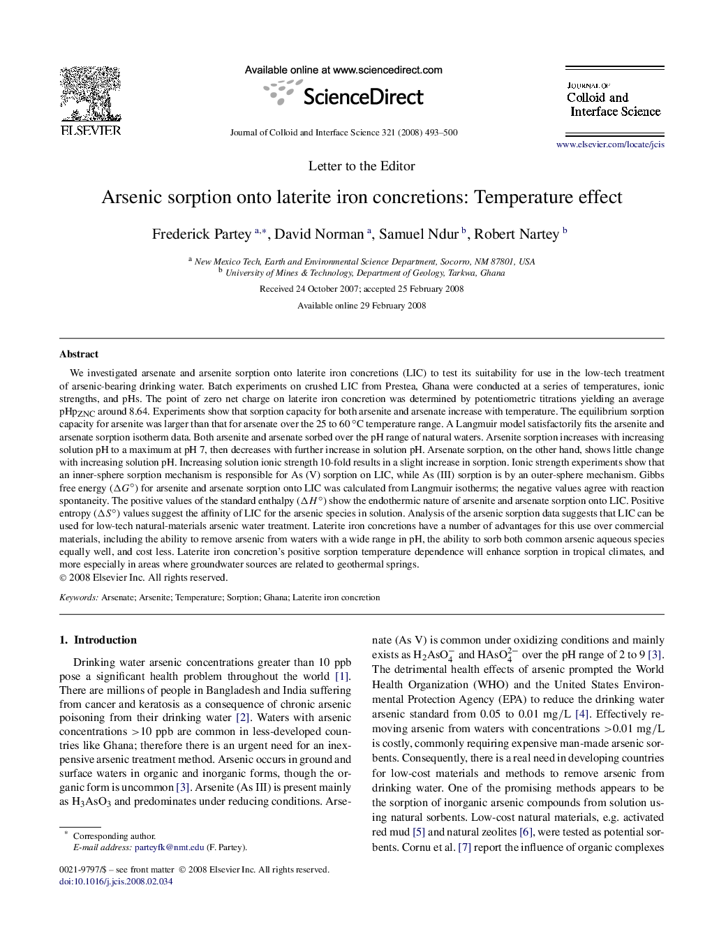 Arsenic sorption onto laterite iron concretions: Temperature effect