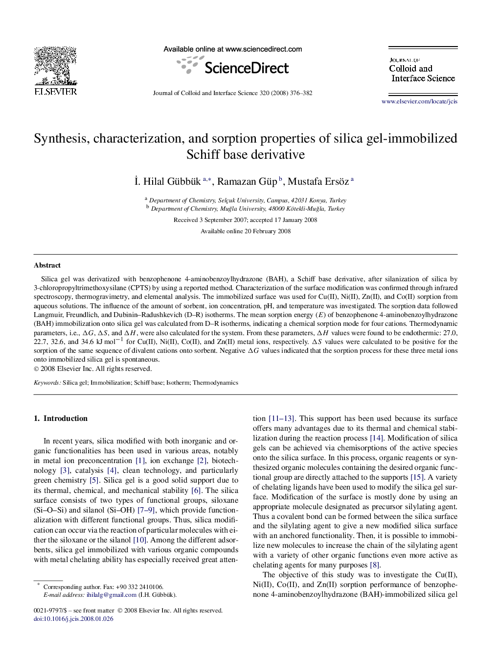 Synthesis, characterization, and sorption properties of silica gel-immobilized Schiff base derivative