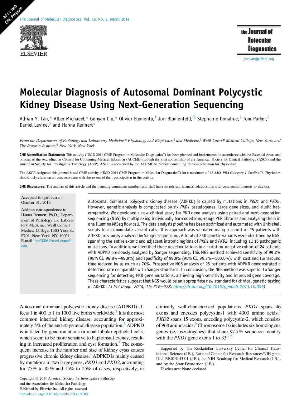 Regular articleMolecular Diagnosis of Autosomal Dominant Polycystic Kidney Disease Using Next-Generation Sequencing