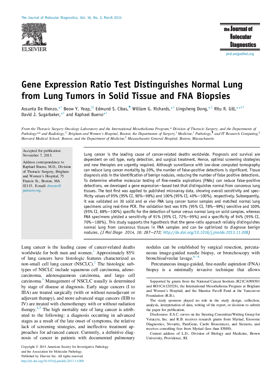 Regular articleGene Expression Ratio Test Distinguishes Normal Lung from Lung Tumors in Solid Tissue and FNA Biopsies