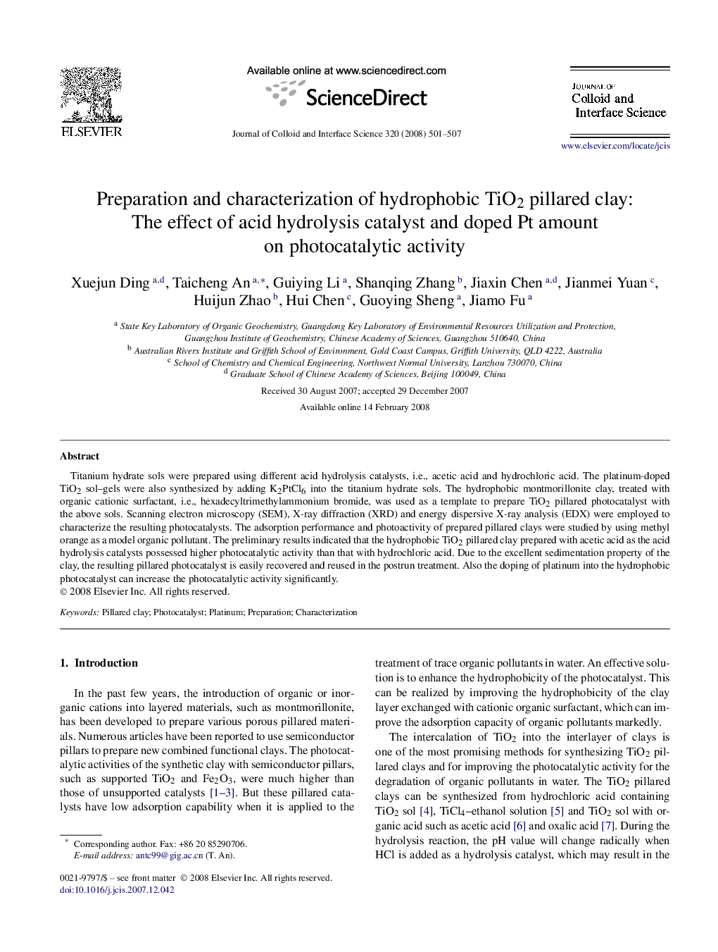 Preparation and characterization of hydrophobic TiO2 pillared clay: The effect of acid hydrolysis catalyst and doped Pt amount on photocatalytic activity