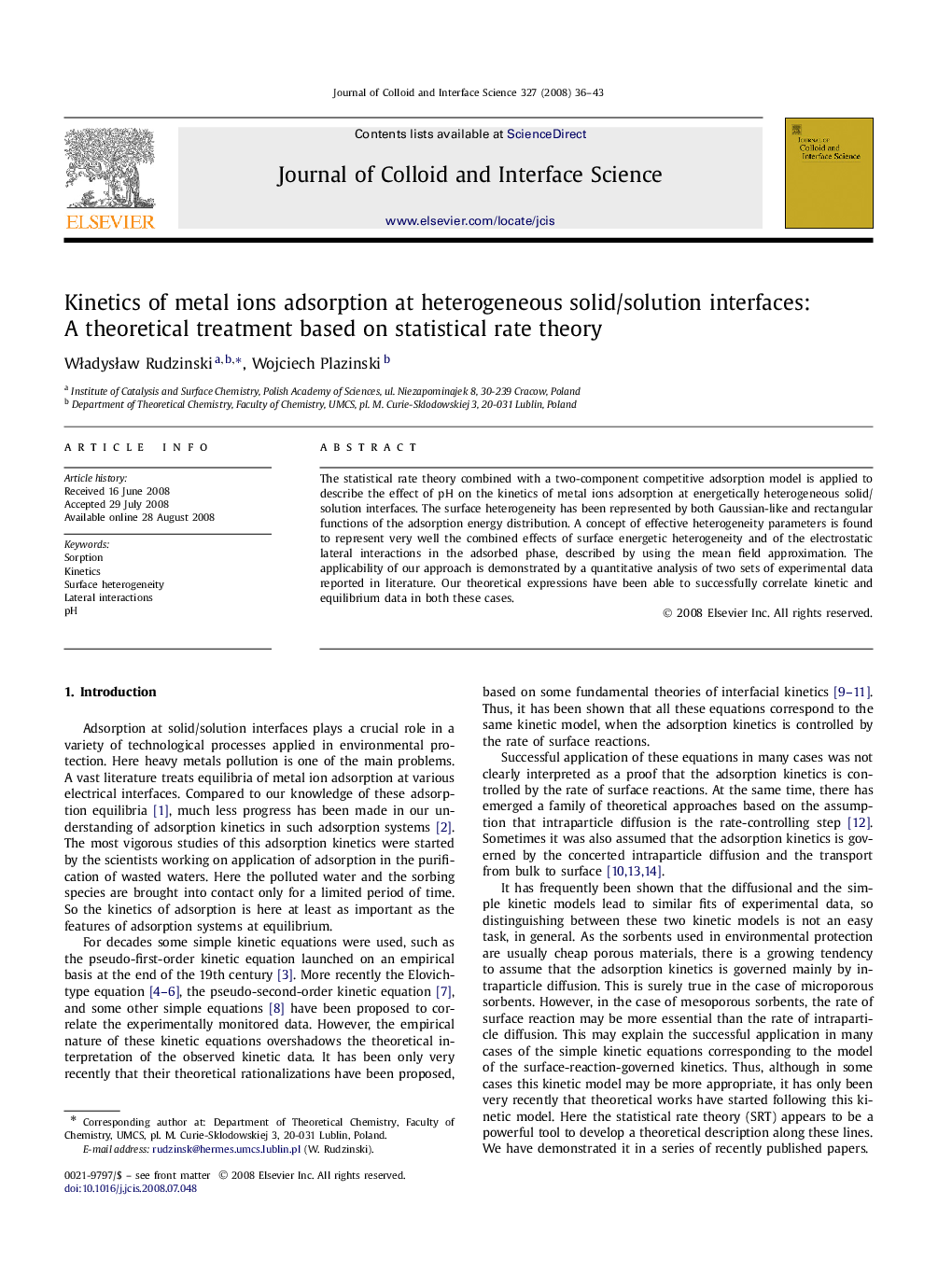 Kinetics of metal ions adsorption at heterogeneous solid/solution interfaces: A theoretical treatment based on statistical rate theory