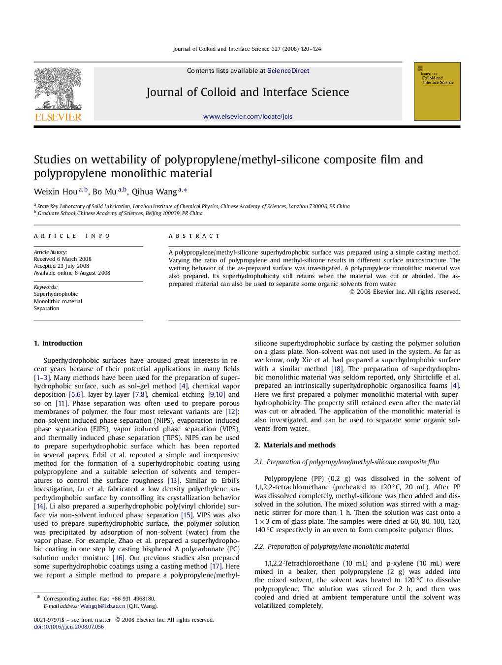 Studies on wettability of polypropylene/methyl-silicone composite film and polypropylene monolithic material