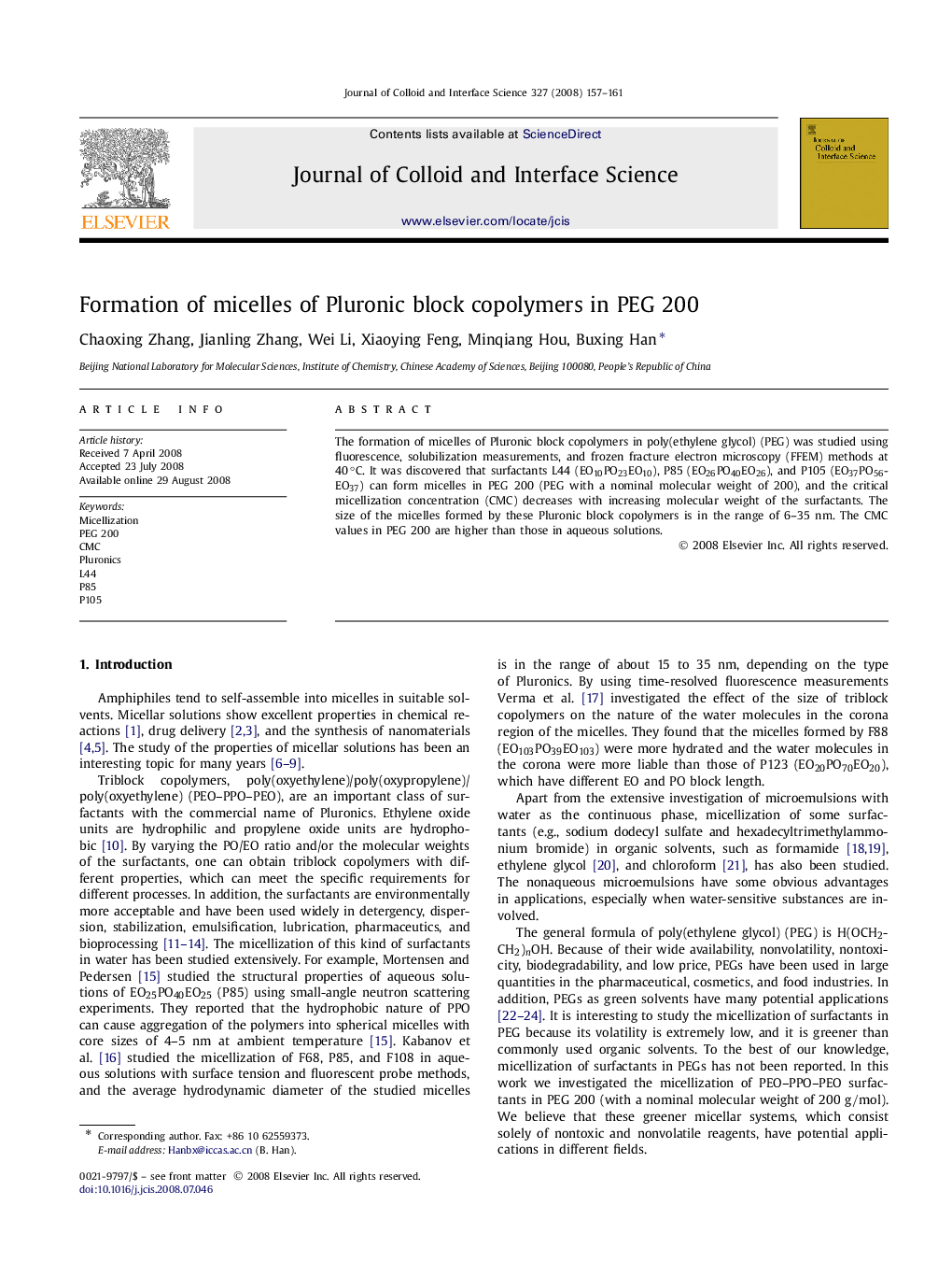 Formation of micelles of Pluronic block copolymers in PEG 200