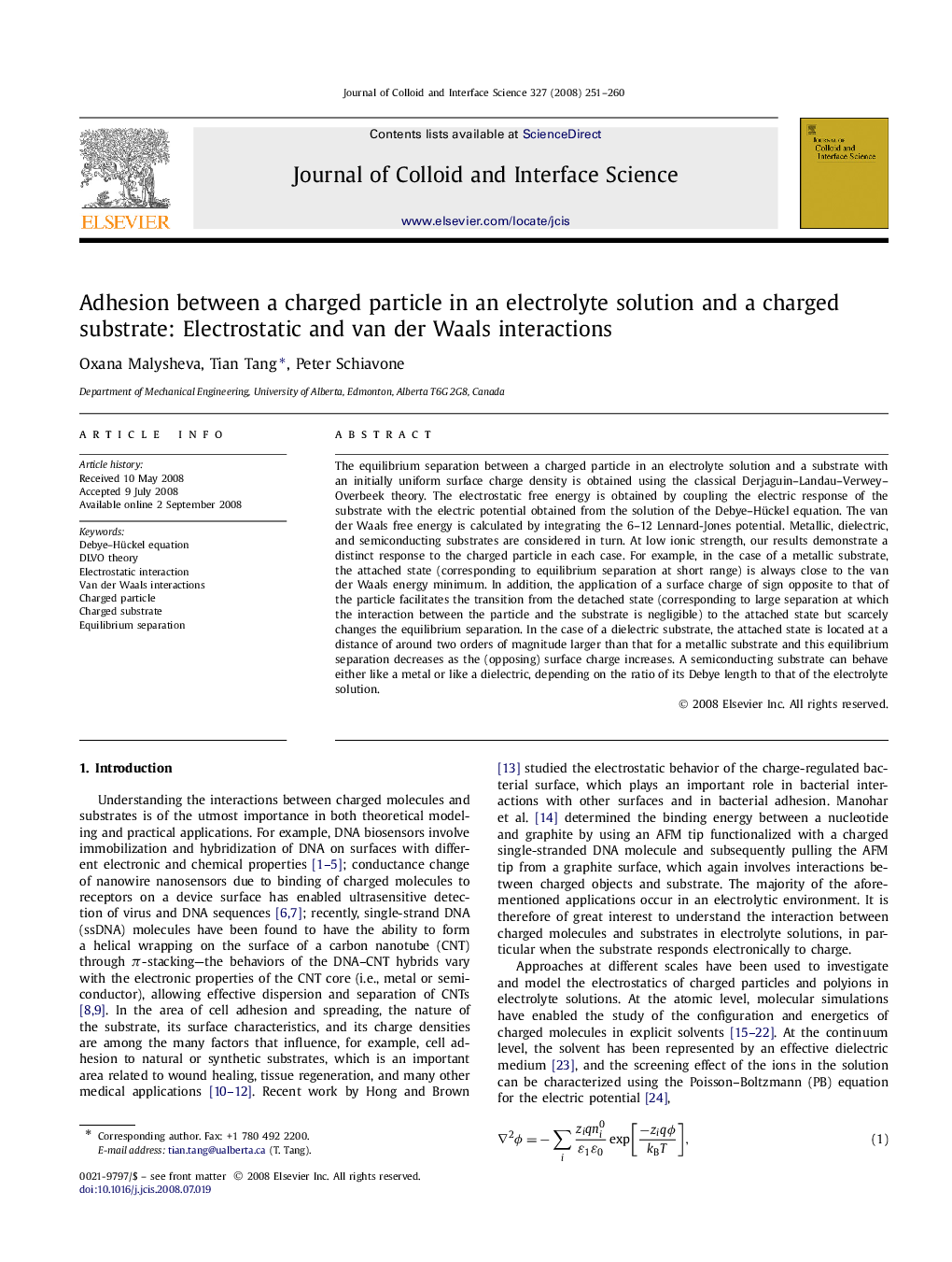 Adhesion between a charged particle in an electrolyte solution and a charged substrate: Electrostatic and van der Waals interactions