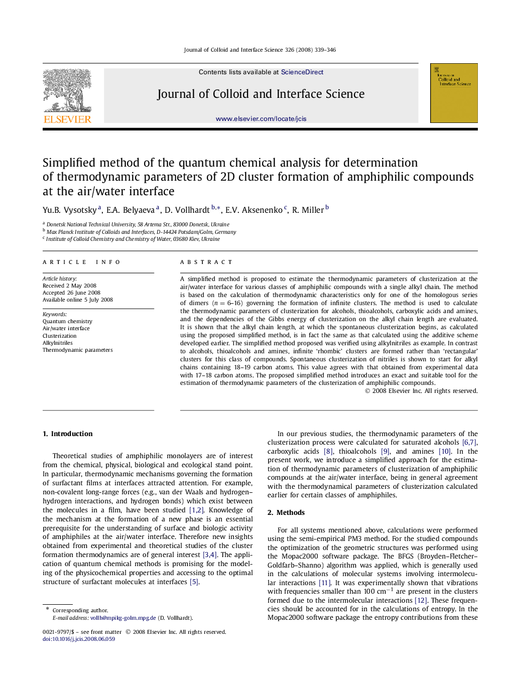 Simplified method of the quantum chemical analysis for determination of thermodynamic parameters of 2D cluster formation of amphiphilic compounds at the air/water interface