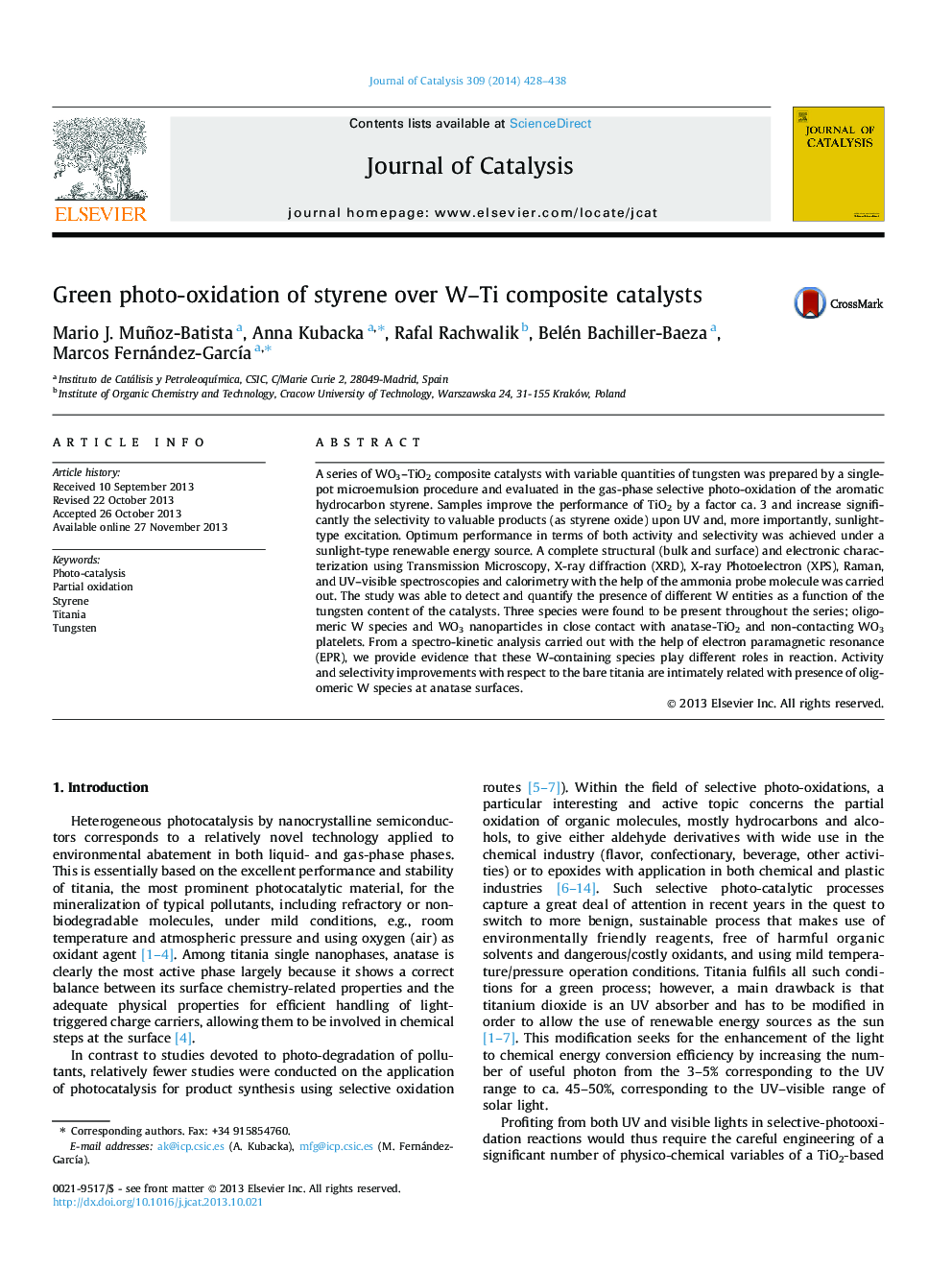 Green photo-oxidation of styrene over W–Ti composite catalysts