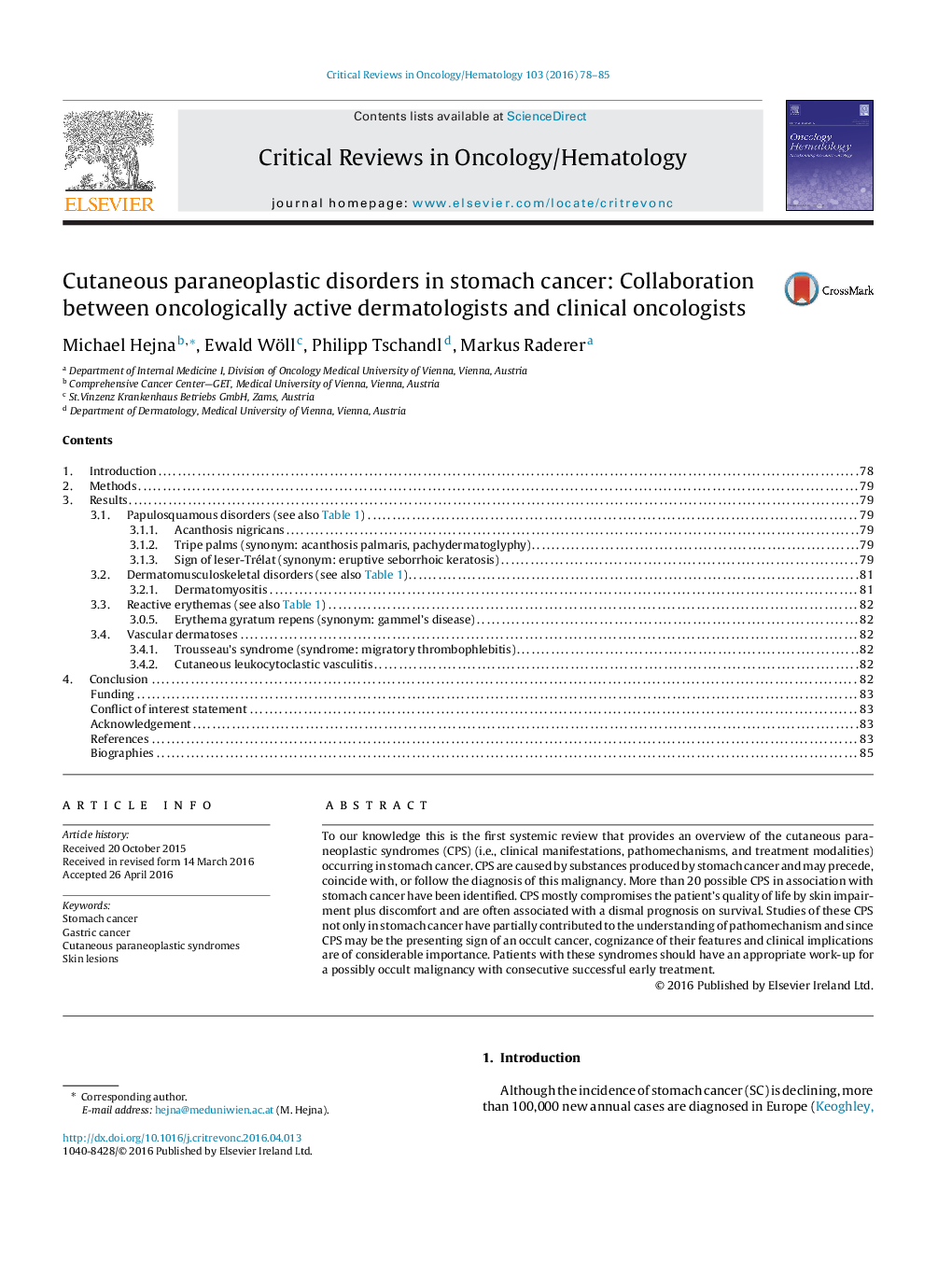 Cutaneous paraneoplastic disorders in stomach cancer: Collaboration between oncologically active dermatologists and clinical oncologists