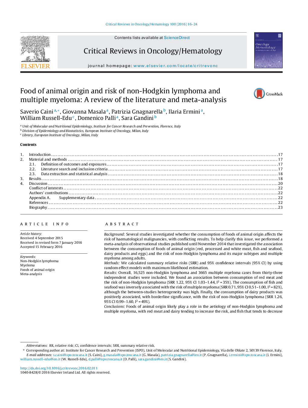 Food of animal origin and risk of non-Hodgkin lymphoma and multiple myeloma: A review of the literature and meta-analysis