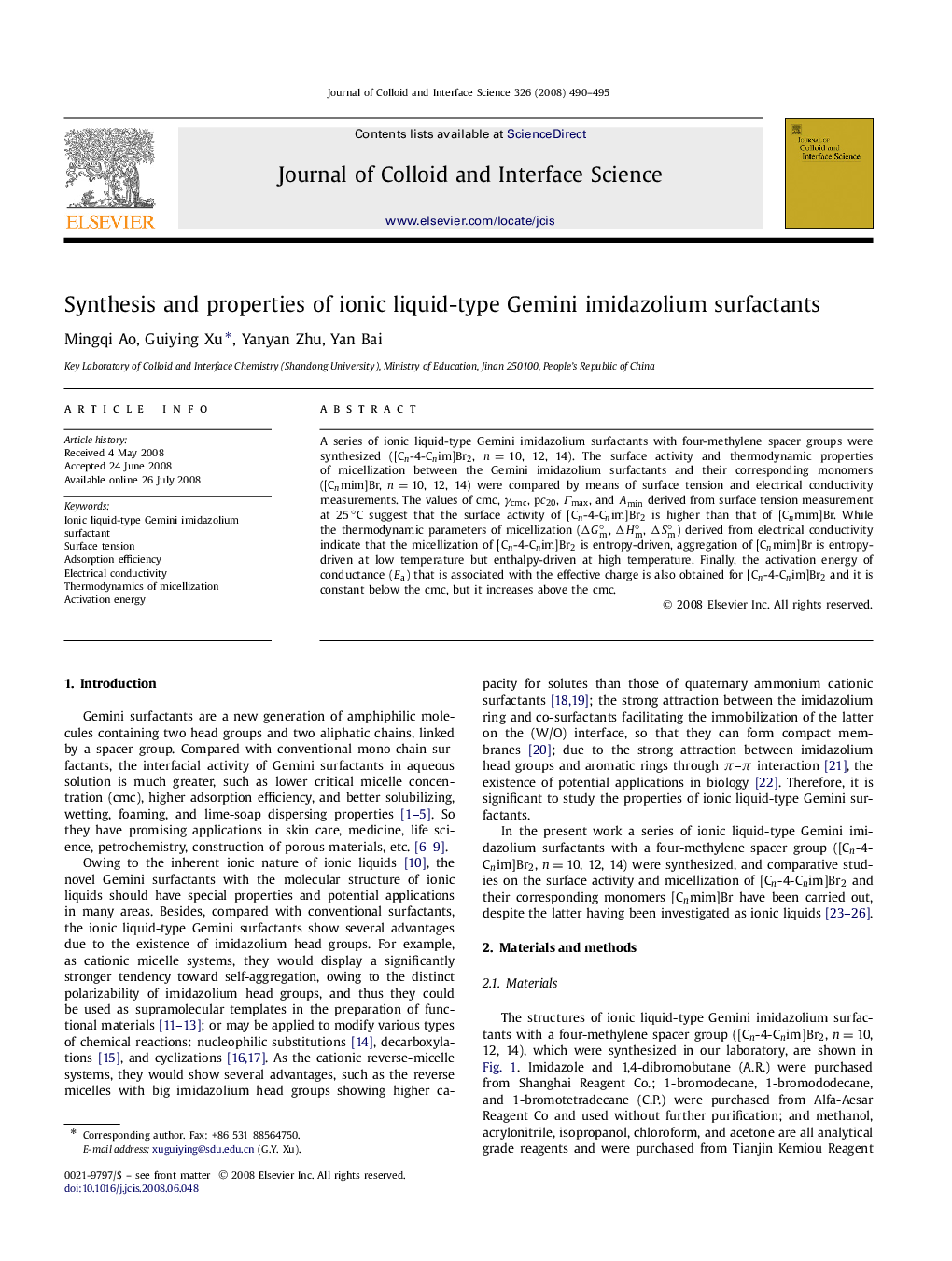 Synthesis and properties of ionic liquid-type Gemini imidazolium surfactants