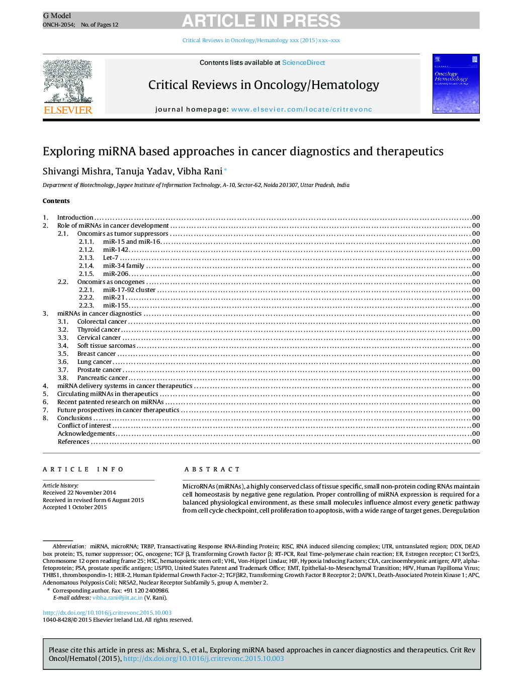 Exploring miRNA based approaches in cancer diagnostics and therapeutics