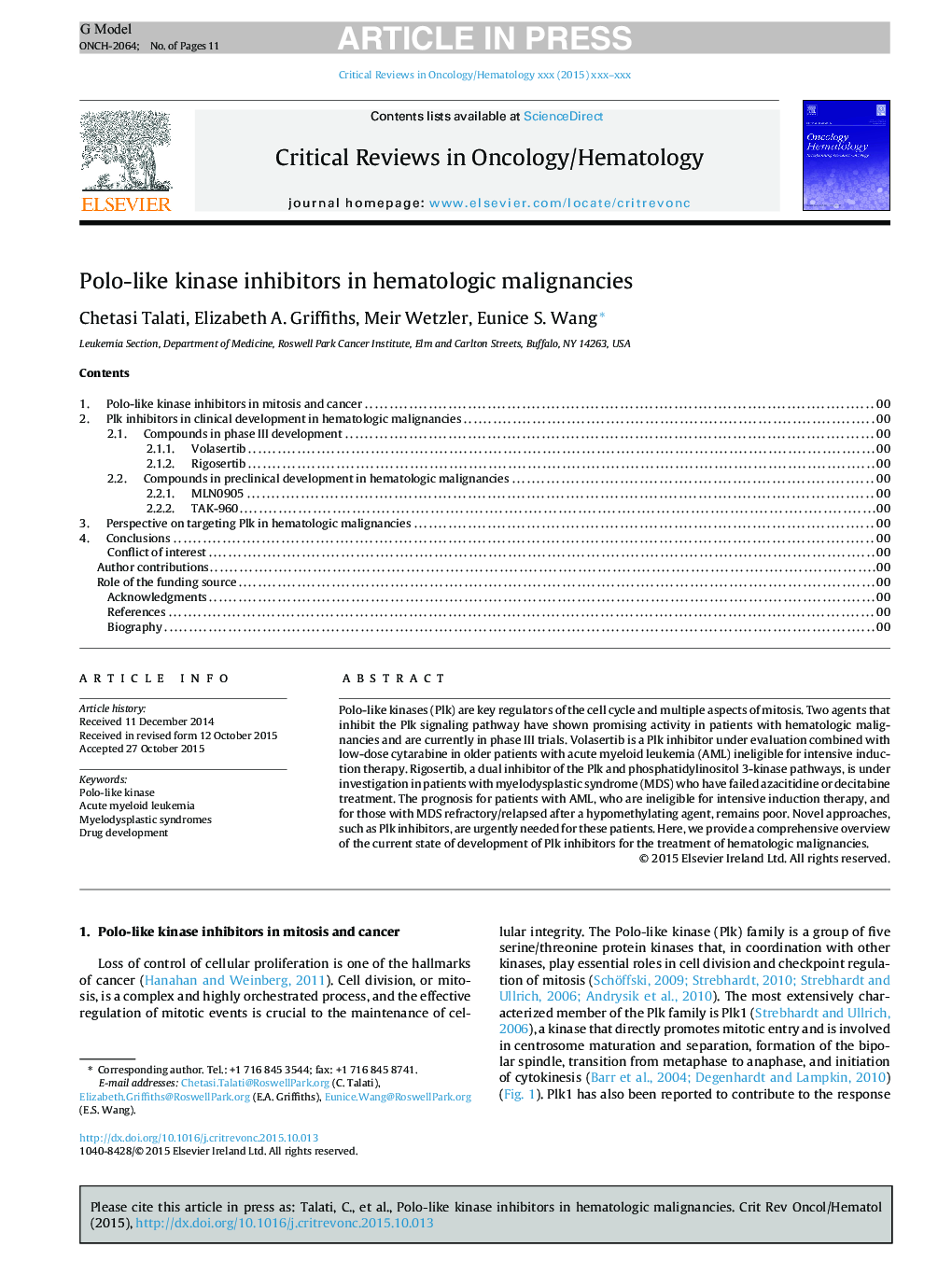 Polo-like kinase inhibitors in hematologic malignancies