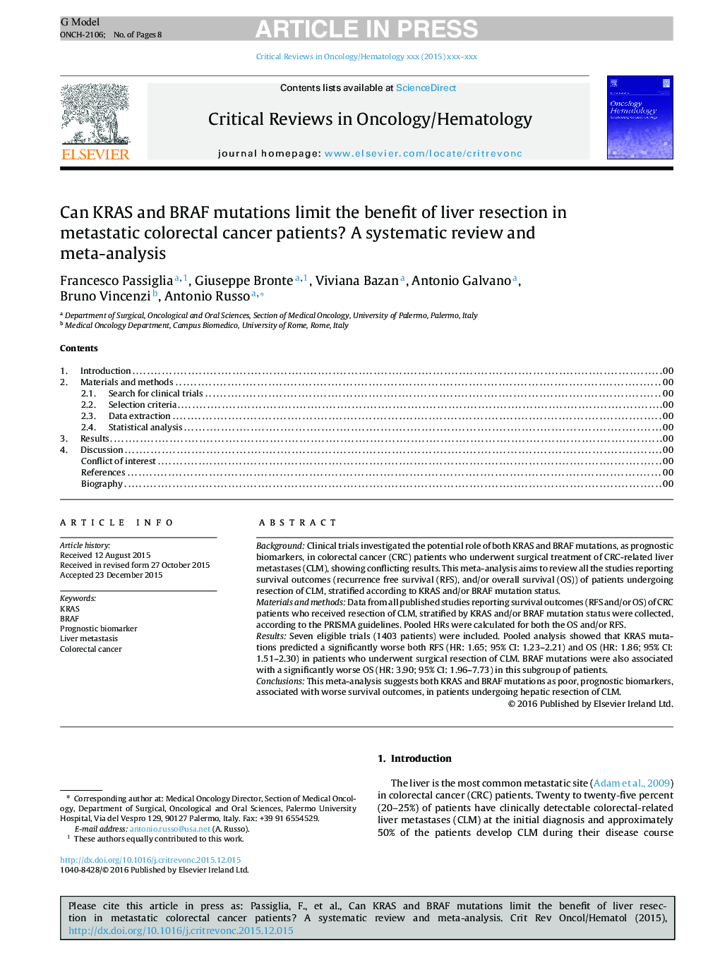 Can KRAS and BRAF mutations limit the benefit of liver resection in metastatic colorectal cancer patients? A systematic review and meta-analysis