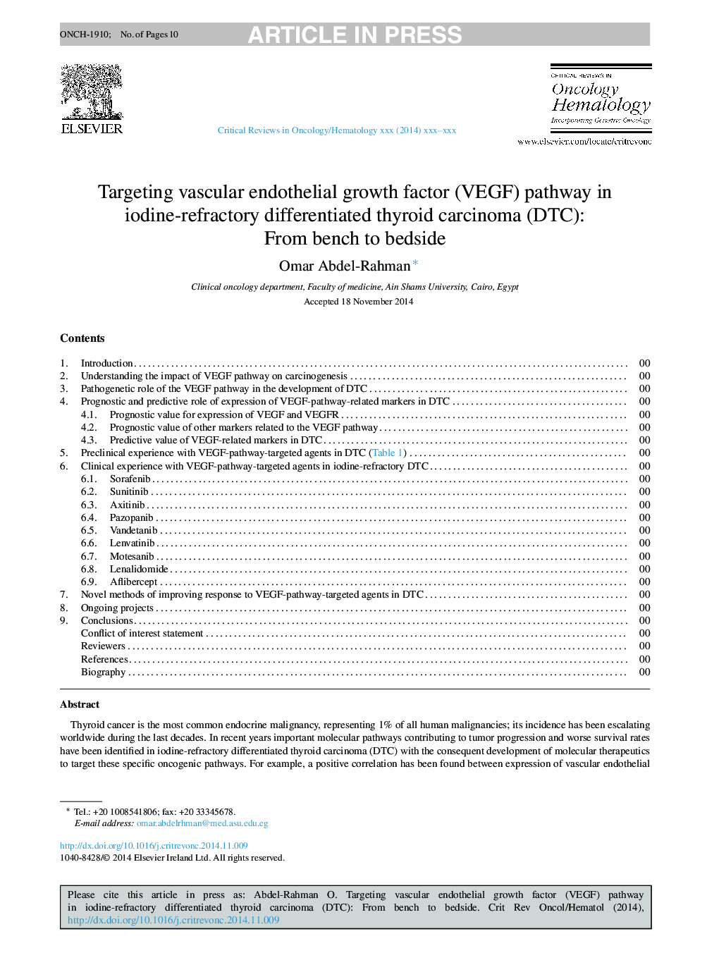 Targeting vascular endothelial growth factor (VEGF) pathway in iodine-refractory differentiated thyroid carcinoma (DTC): From bench to bedside