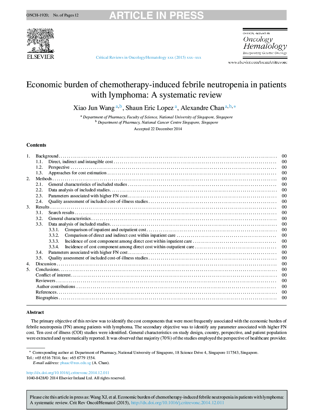 Economic burden of chemotherapy-induced febrile neutropenia in patients with lymphoma: A systematic review