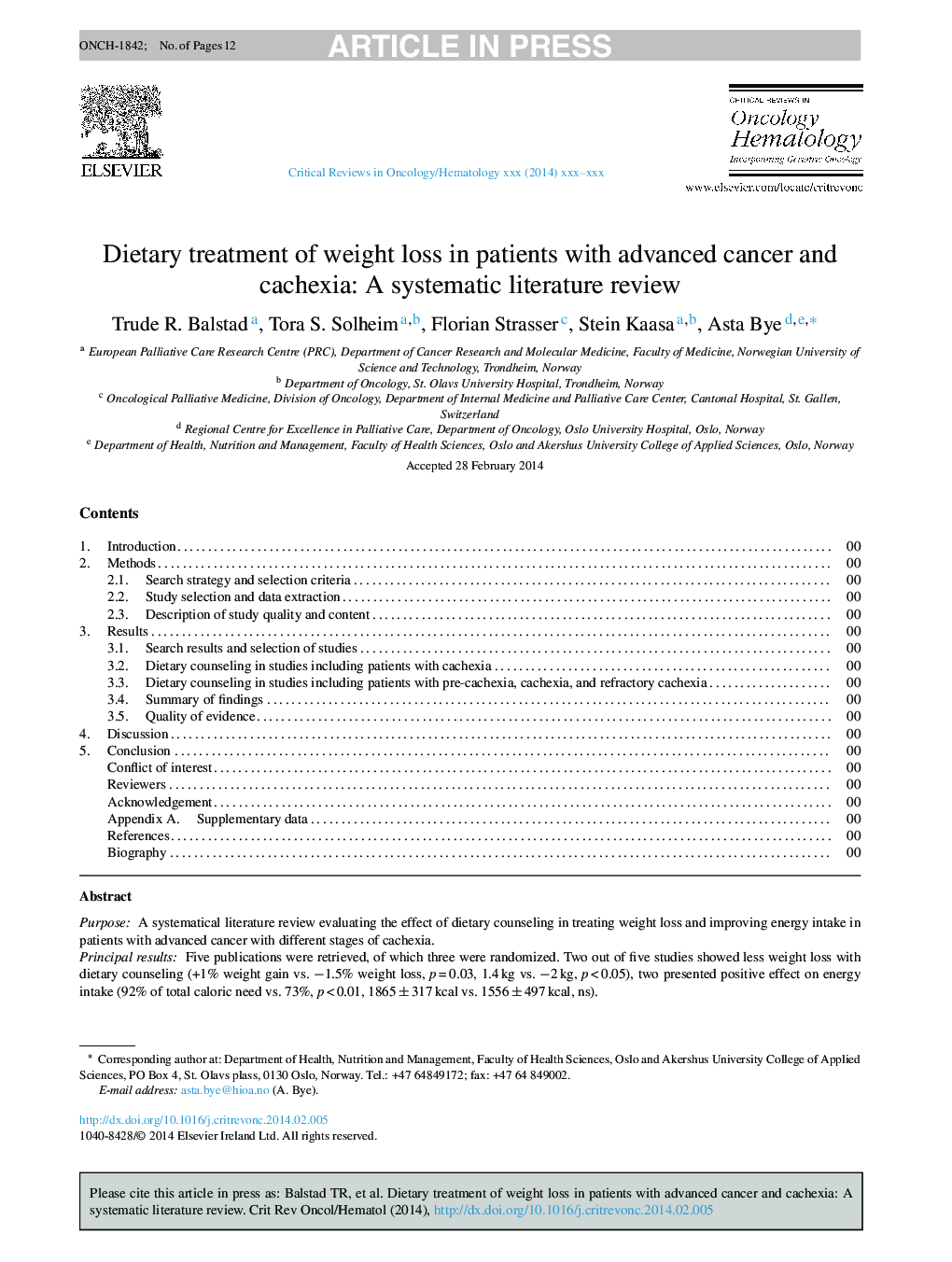 درمان رژیم غذایی کاهش وزن در بیماران مبتلا به سرطان پیشرفته و کششی: یک بررسی ادبی سیستماتیک 