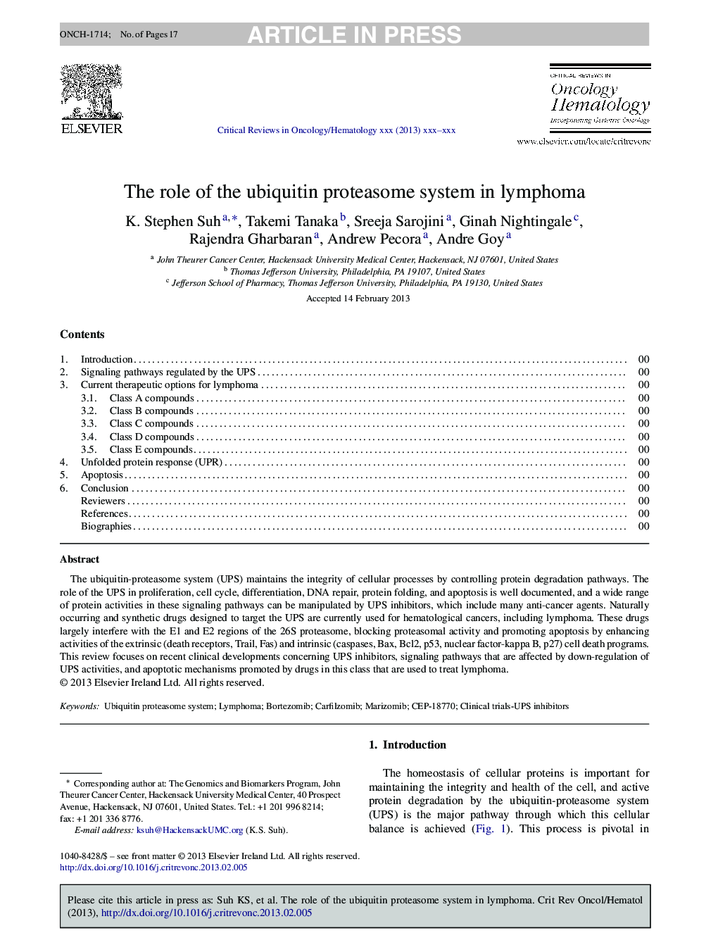 The role of the ubiquitin proteasome system in lymphoma