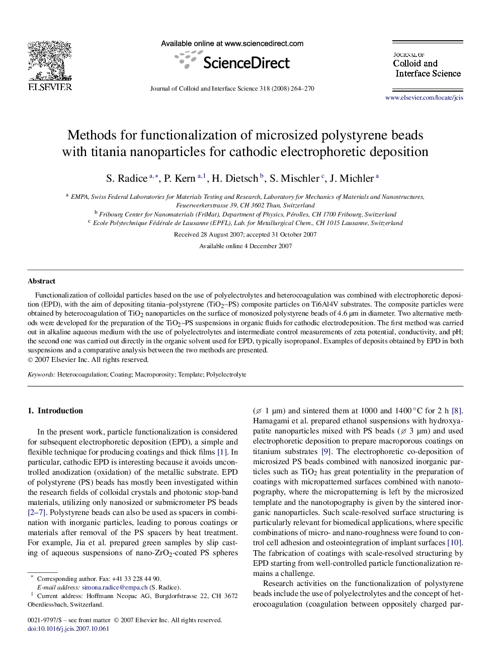 Methods for functionalization of microsized polystyrene beads with titania nanoparticles for cathodic electrophoretic deposition