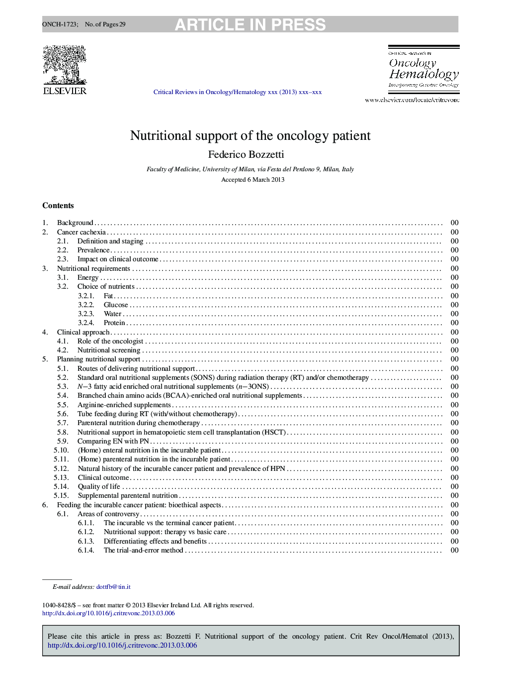 Nutritional support of the oncology patient