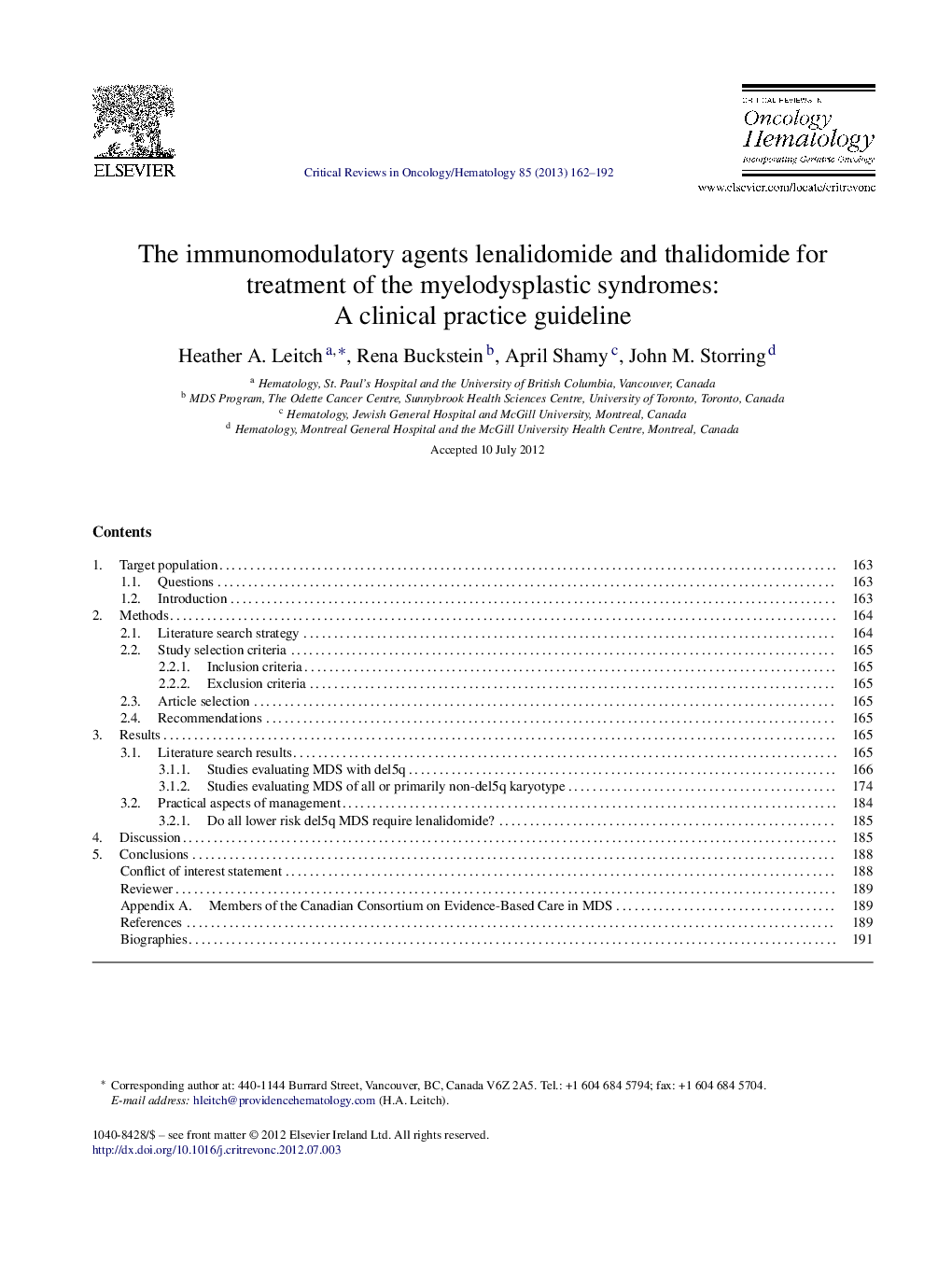 The immunomodulatory agents lenalidomide and thalidomide for treatment of the myelodysplastic syndromes: A clinical practice guideline