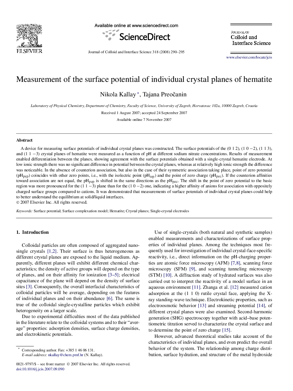 Measurement of the surface potential of individual crystal planes of hematite