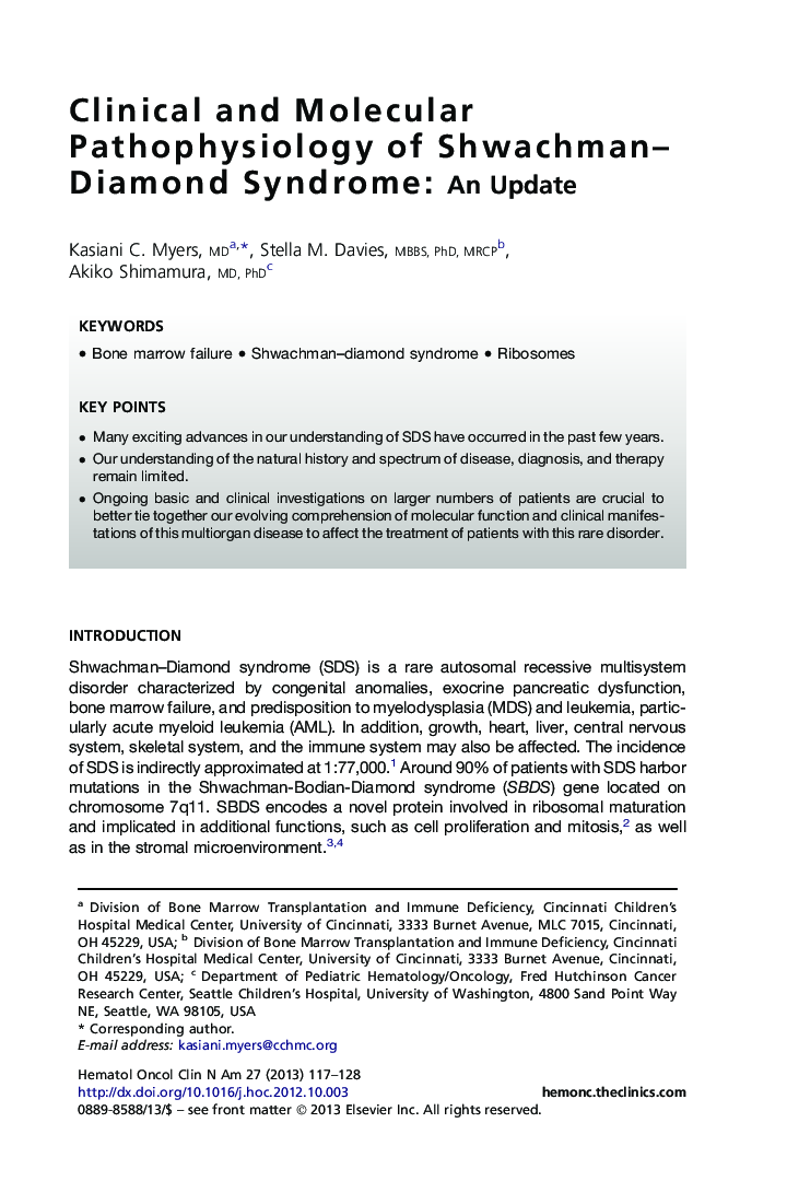 Clinical and Molecular Pathophysiology of Shwachman-Diamond Syndrome