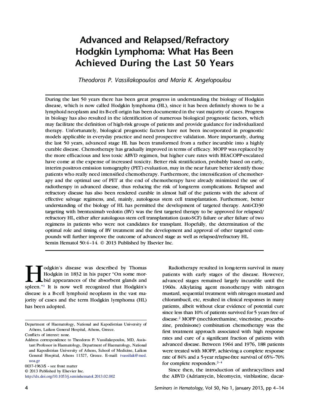 Advanced and Relapsed/Refractory Hodgkin Lymphoma: What Has Been Achieved During the Last 50 Years