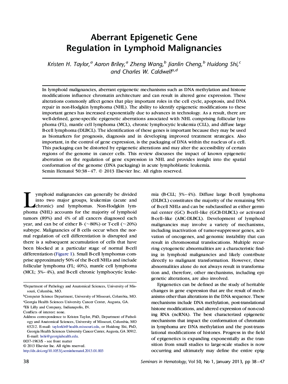 Aberrant Epigenetic Gene Regulation in Lymphoid Malignancies