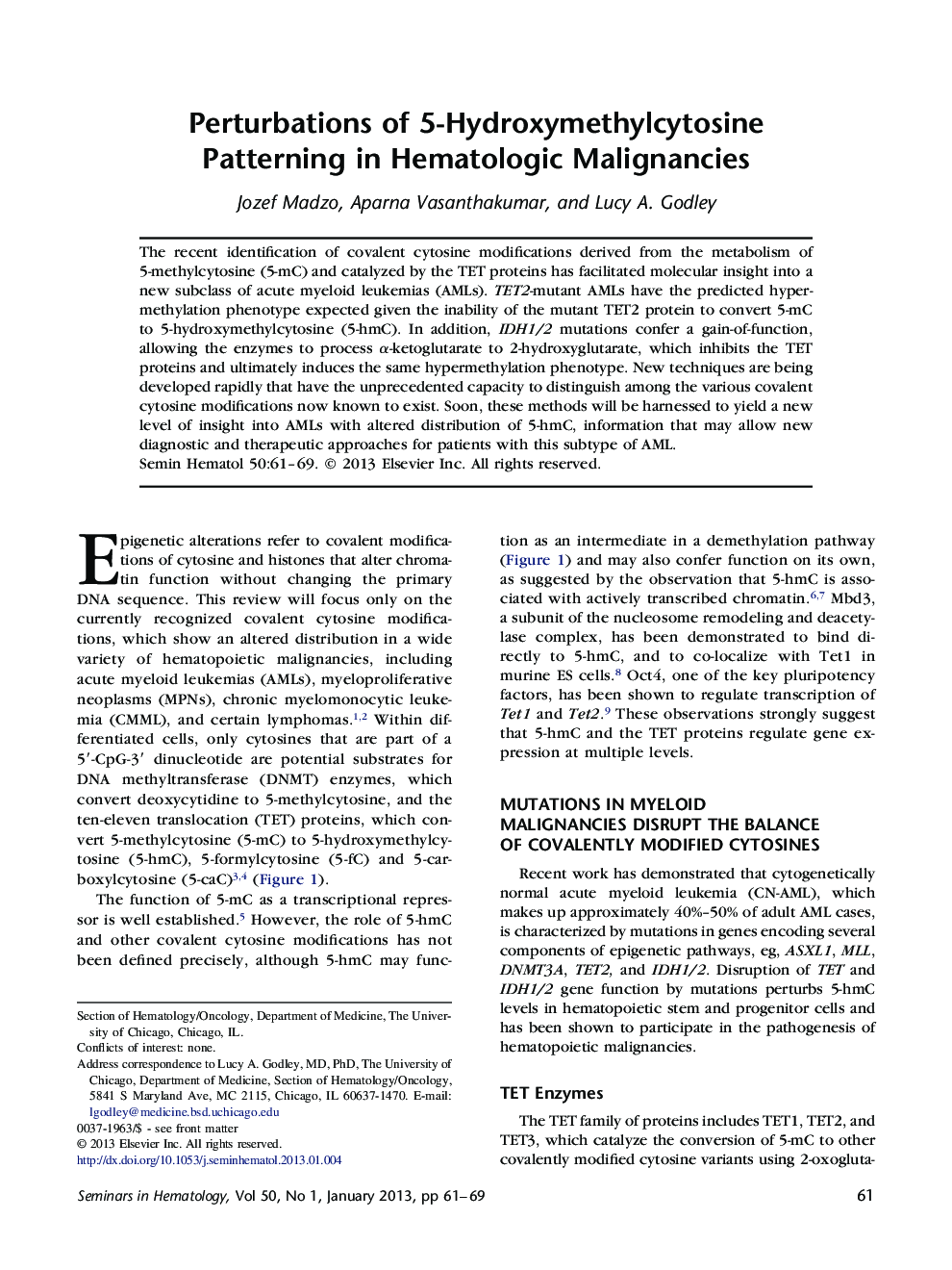 Perturbations of 5-Hydroxymethylcytosine Patterning in Hematologic Malignancies