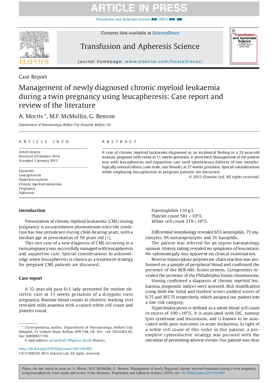 Management of newly diagnosed chronic myeloid leukaemia during a twin pregnancy using leucapheresis: Case report and review of the literature