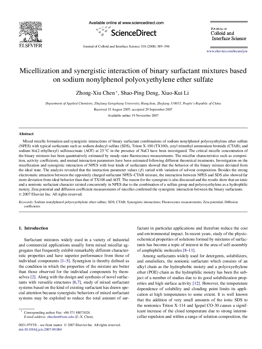 Micellization and synergistic interaction of binary surfactant mixtures based on sodium nonylphenol polyoxyethylene ether sulfate