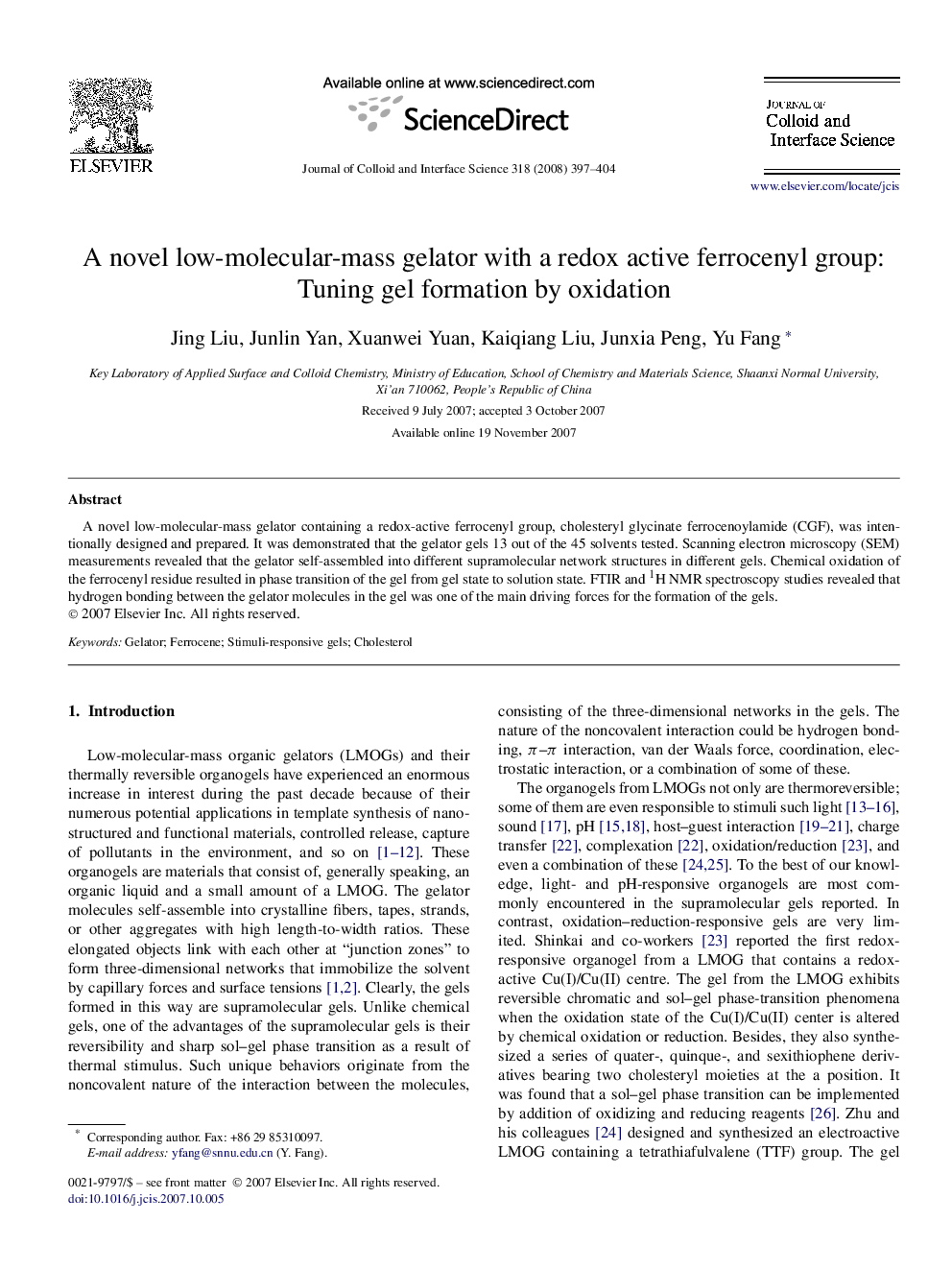 A novel low-molecular-mass gelator with a redox active ferrocenyl group: Tuning gel formation by oxidation