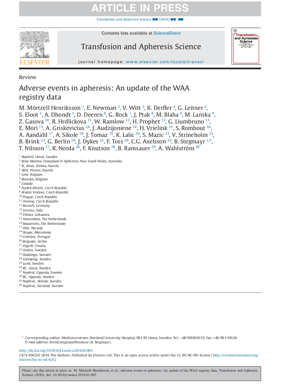 Adverse events in apheresis: An update of the WAA registry data