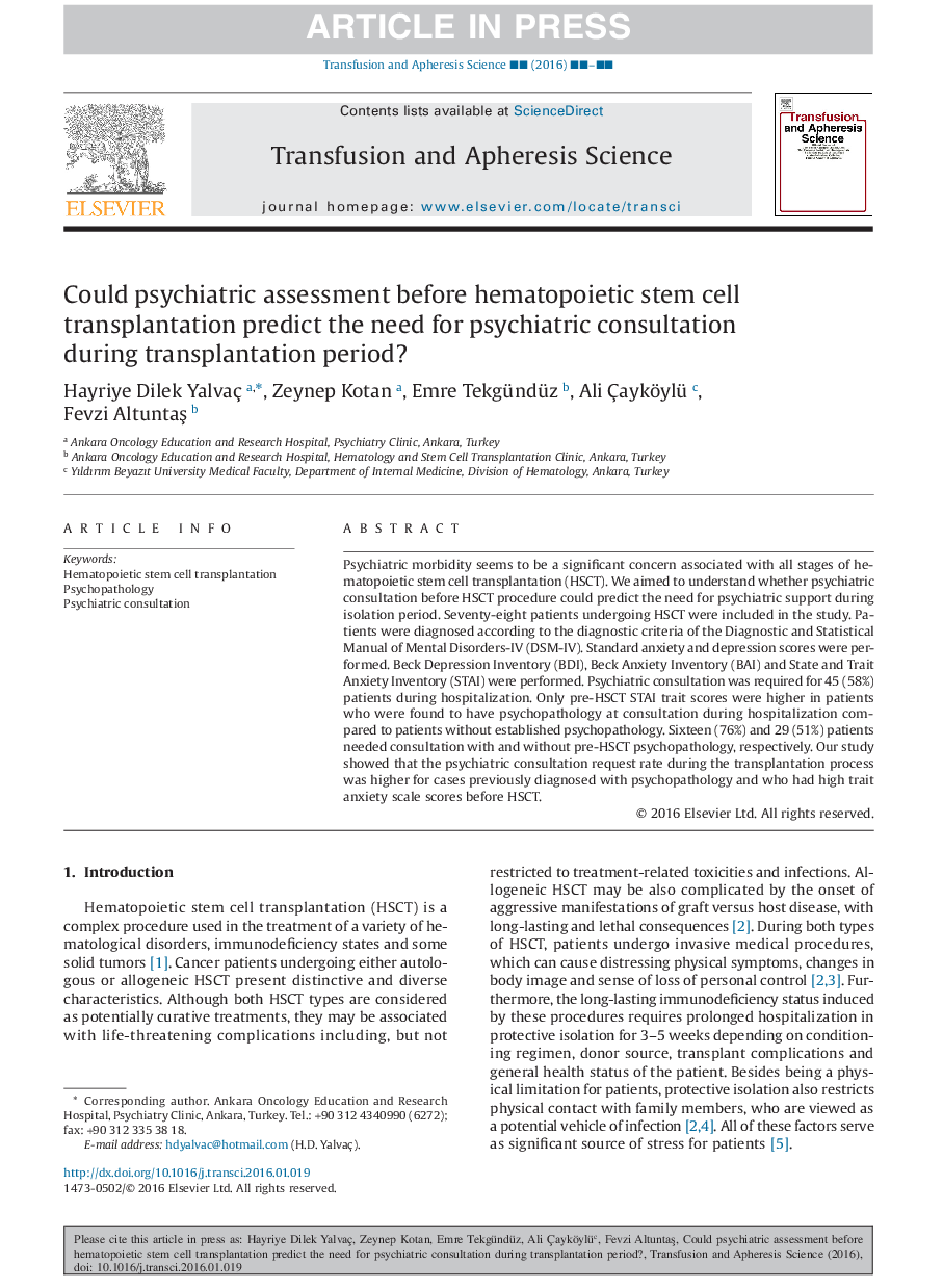 Could psychiatric assessment before hematopoietic stem cell transplantation predict the need for psychiatric consultation during transplantation period?